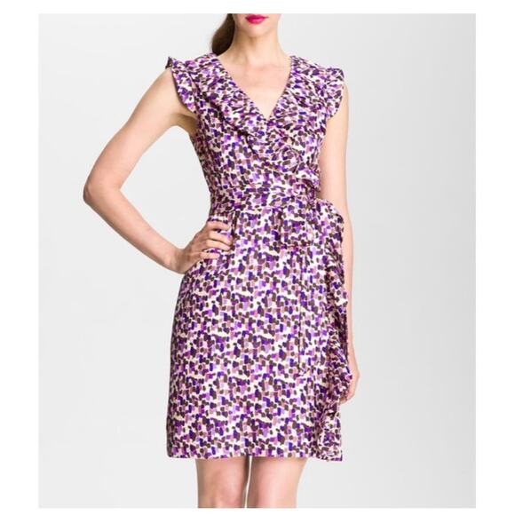 Kate Spade Aubrey Silk Multicolor Abstract Print Ruffled Wrap Mini Dress Size 8 - Picture 1 of 12